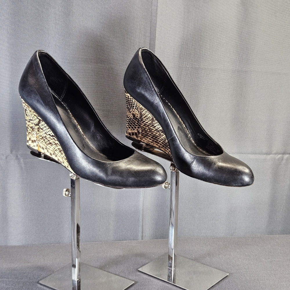 Coach New York Rileigh Shoes Women 7B Black Snake Python Skin Wedge Pumps